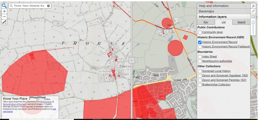 Know Your Place-a resource review_Shersca Genealogy_Map view of Thorne, Yeovil, Somerset_view with HER positioning